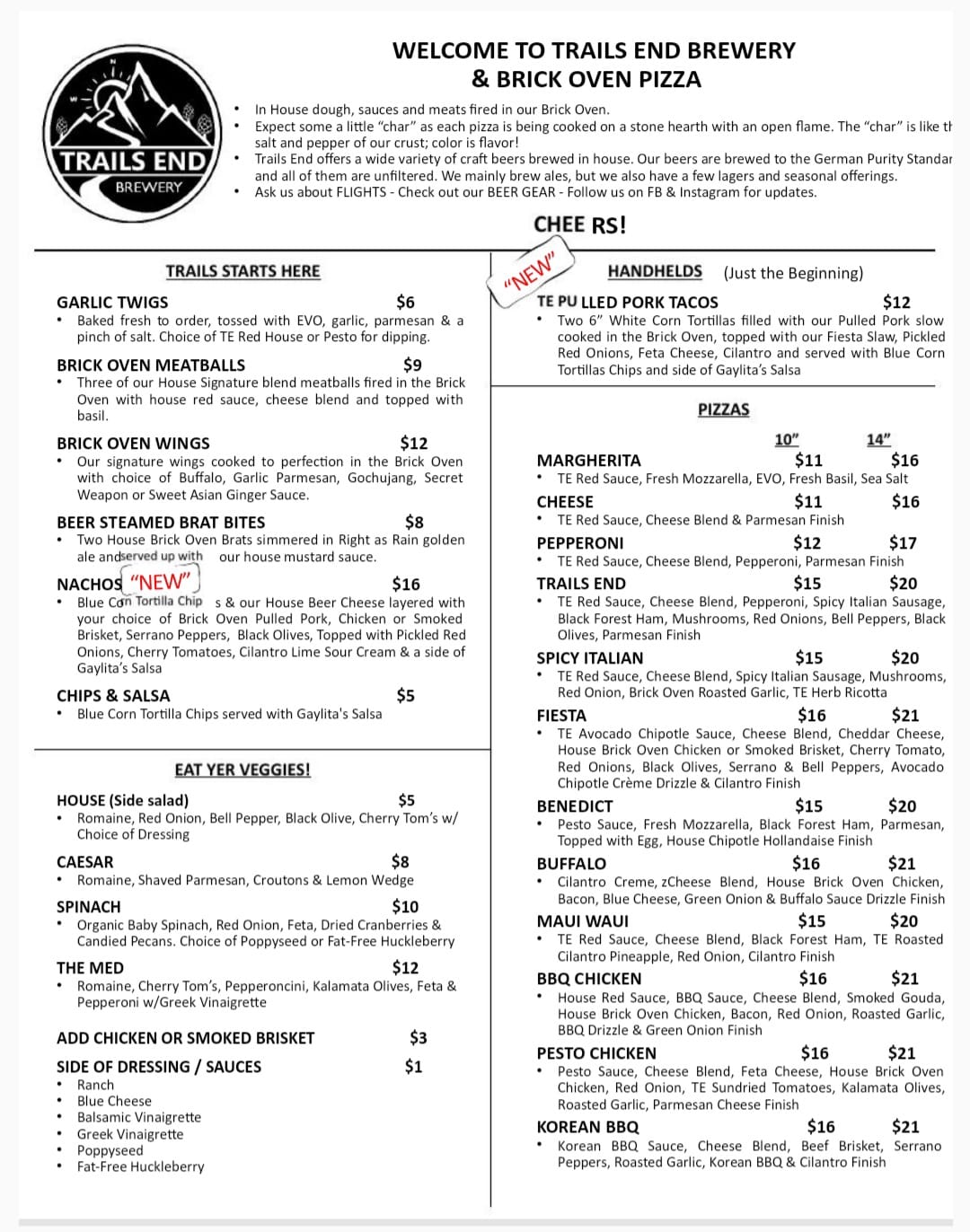 Food Menu Trails End Brewery